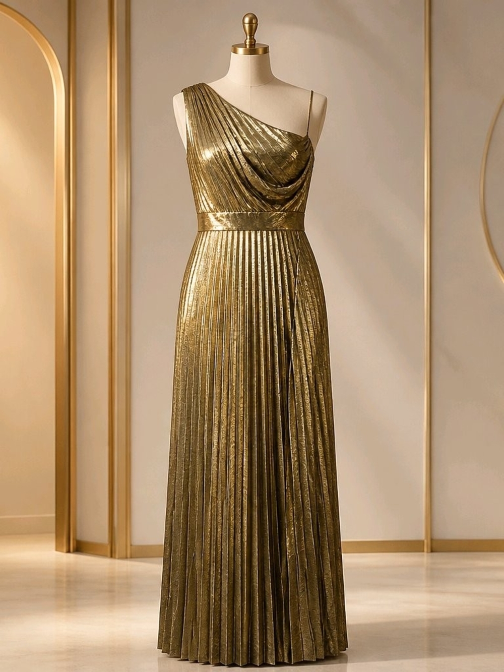Metallic Gold One-Shoulder Pleated Evening Gown